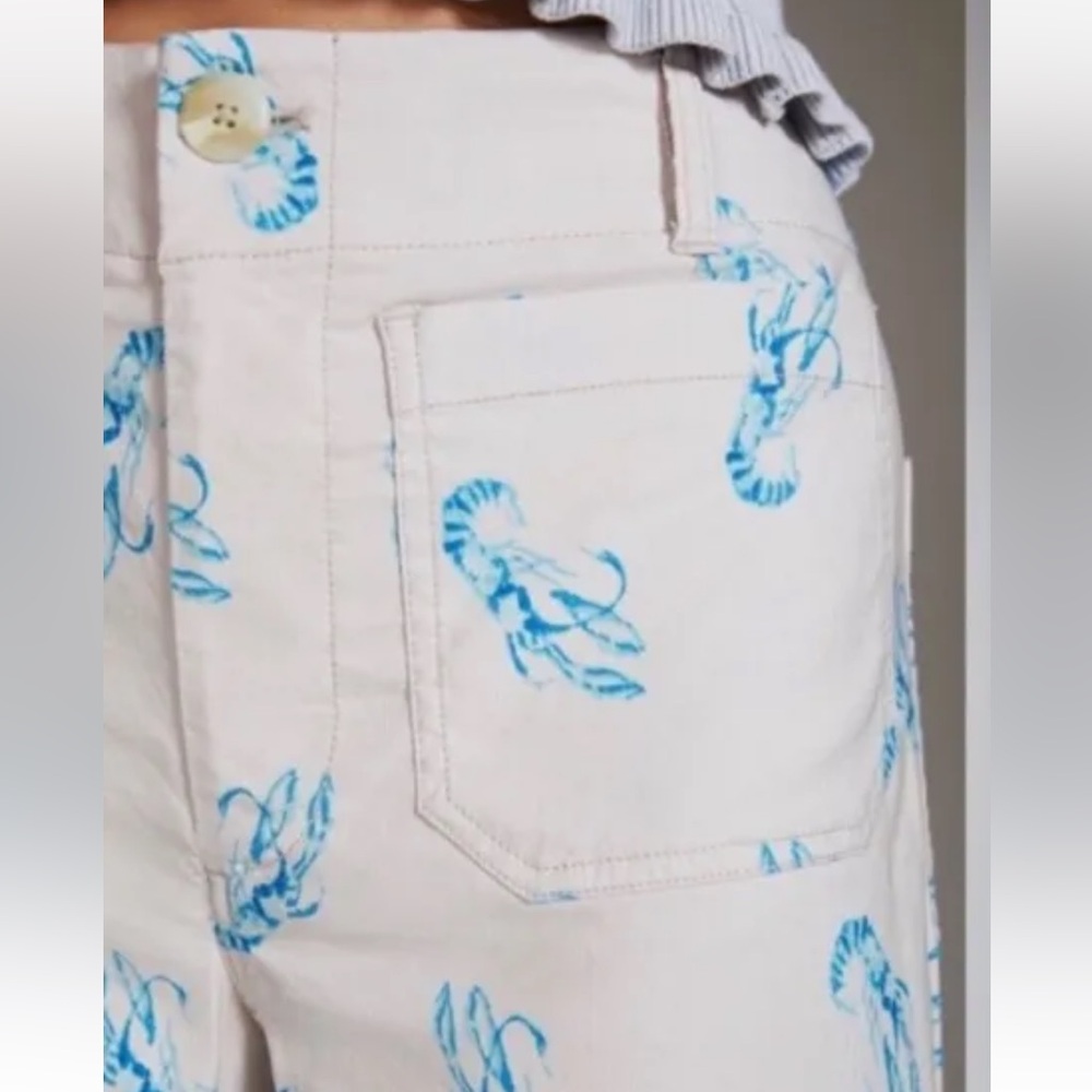 Anthropologie Cream Pants with Blue Lobster Print